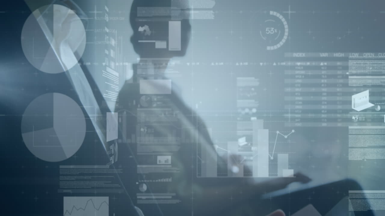 Animation of financial data over diverse businesspeople and office