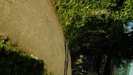 Vertical-Balinese-construction-worker-with-bamboo-canes-on-his-shoulder-while-riding-his-scooter-to-the-construction-site-in-slow-motion