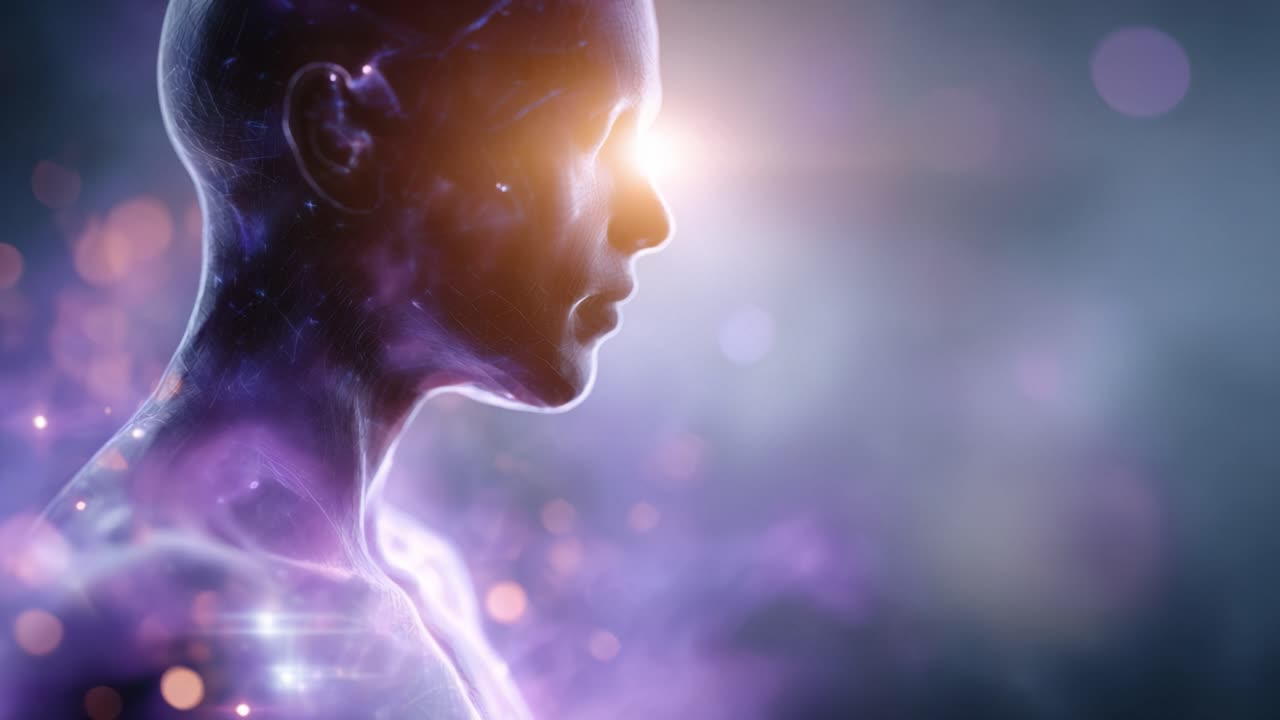 Profil captivant d'une figure humanoïde illuminée par une lumière éthérée, symbolisant l'alliance de la technologie et de la spiritualité sur un fond cosmique visuellement époustouflant.