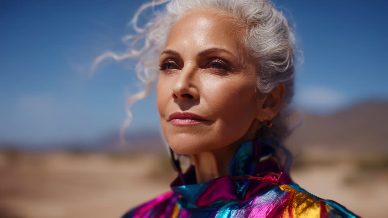 Una donna raggiante in abiti vivaci posa con sicurezza, incarnando forza e bellezza su uno sfondo naturale suggestivo, mettendo in mostra eleganza e grazia senza tempo