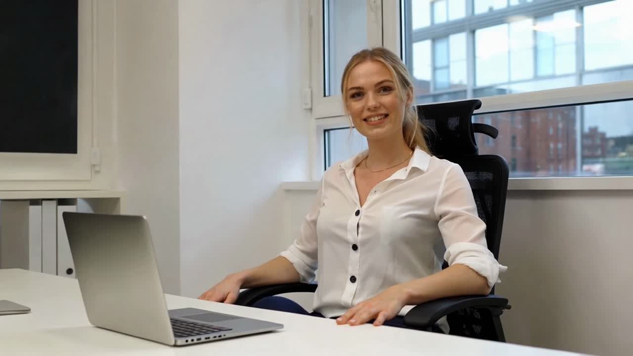 Linda empresária caucasiana sorrindo com confiança em um escritório iluminado