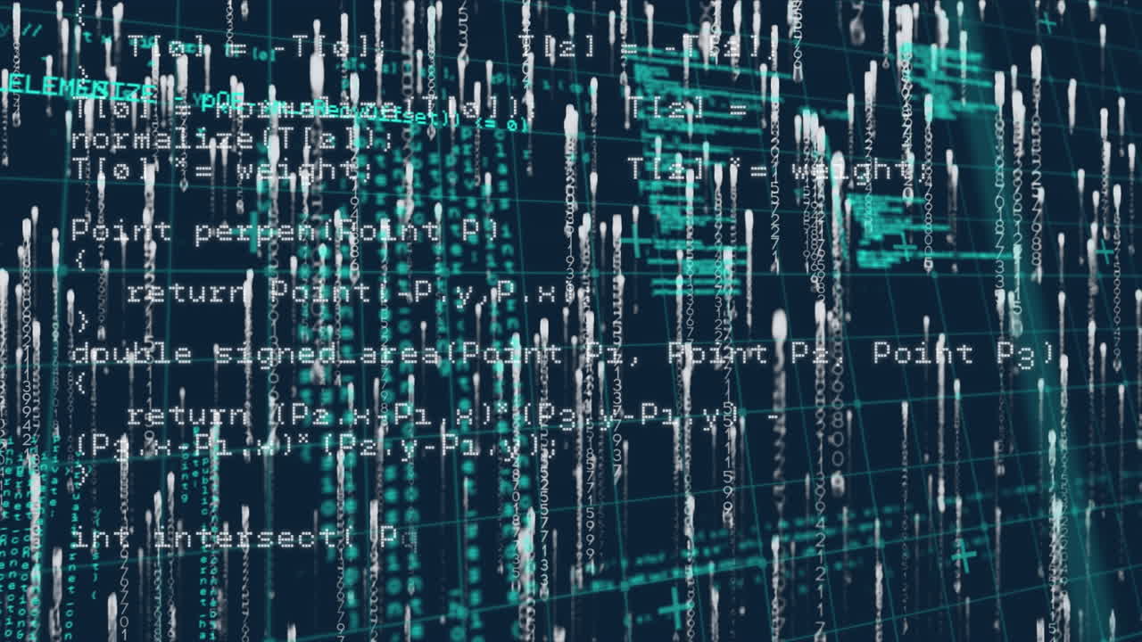 Digital animation of data processing and light trails falling against blue background
