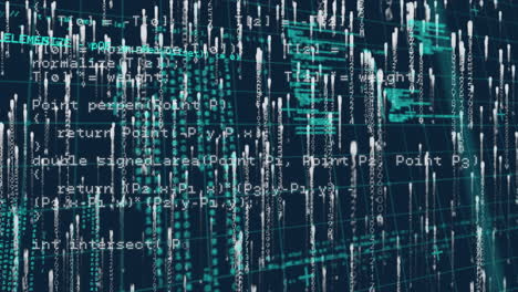 digital animation of data processing and light trails falling against blue background