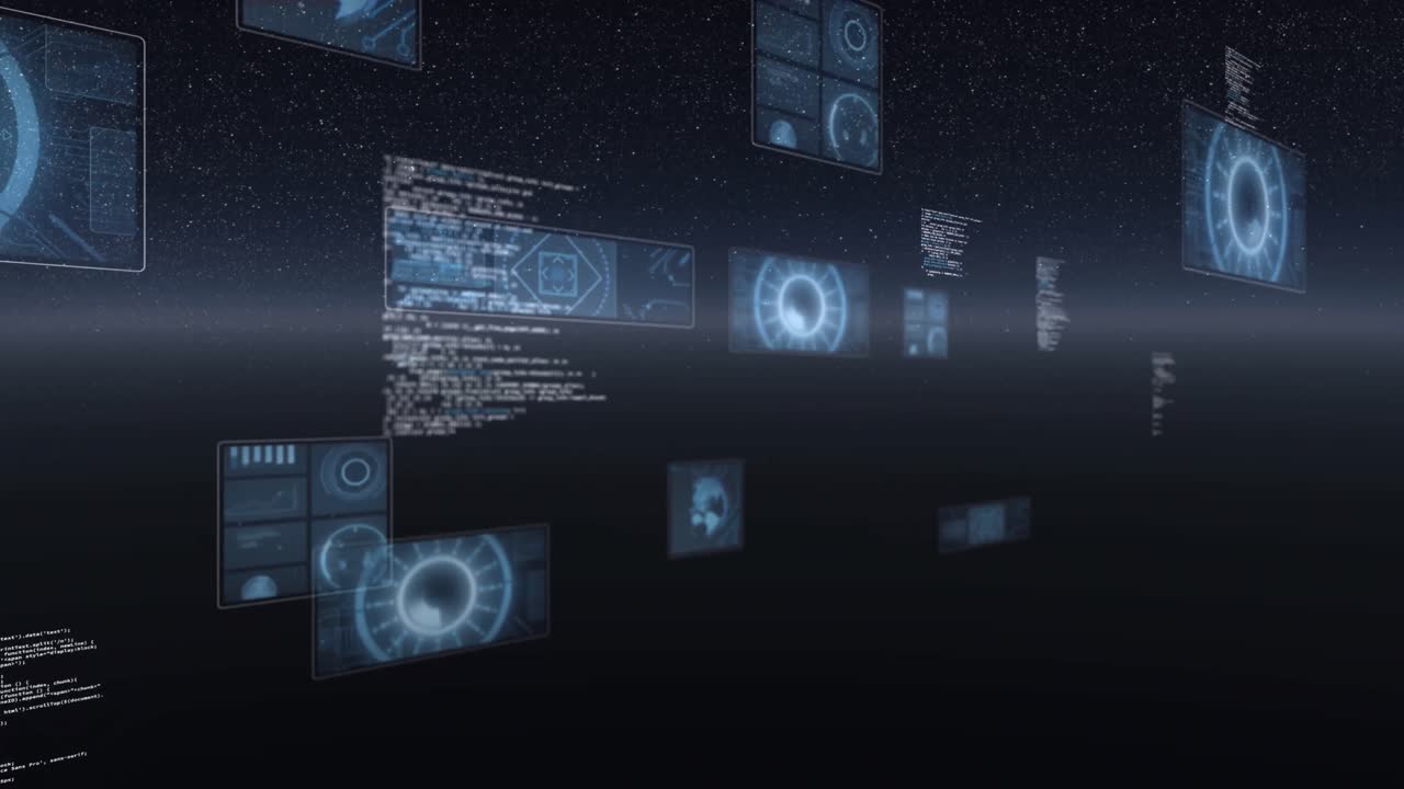 Animation of scope scanning, statistics recording, globe spinning and data processing on screens
