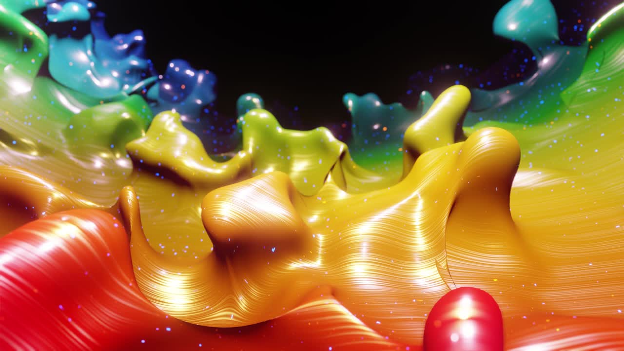 animación abstracta suave de color arco iris de gradiente líquido en 4k. superficie de pintura brillante brillante como fondo festivo en bucle abstracto. brilla en líquido viscoso con salpicaduras 3d en la superficie como gotas.