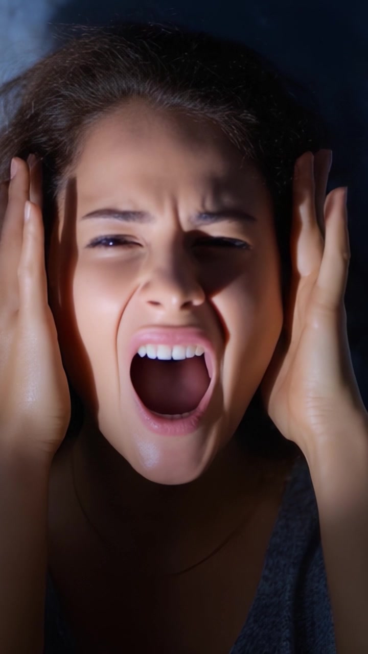 A distressed individual expressing intense emotions and despair through a primal scream, capturing a moment of vulnerability and inner turmoil in a dark setting.