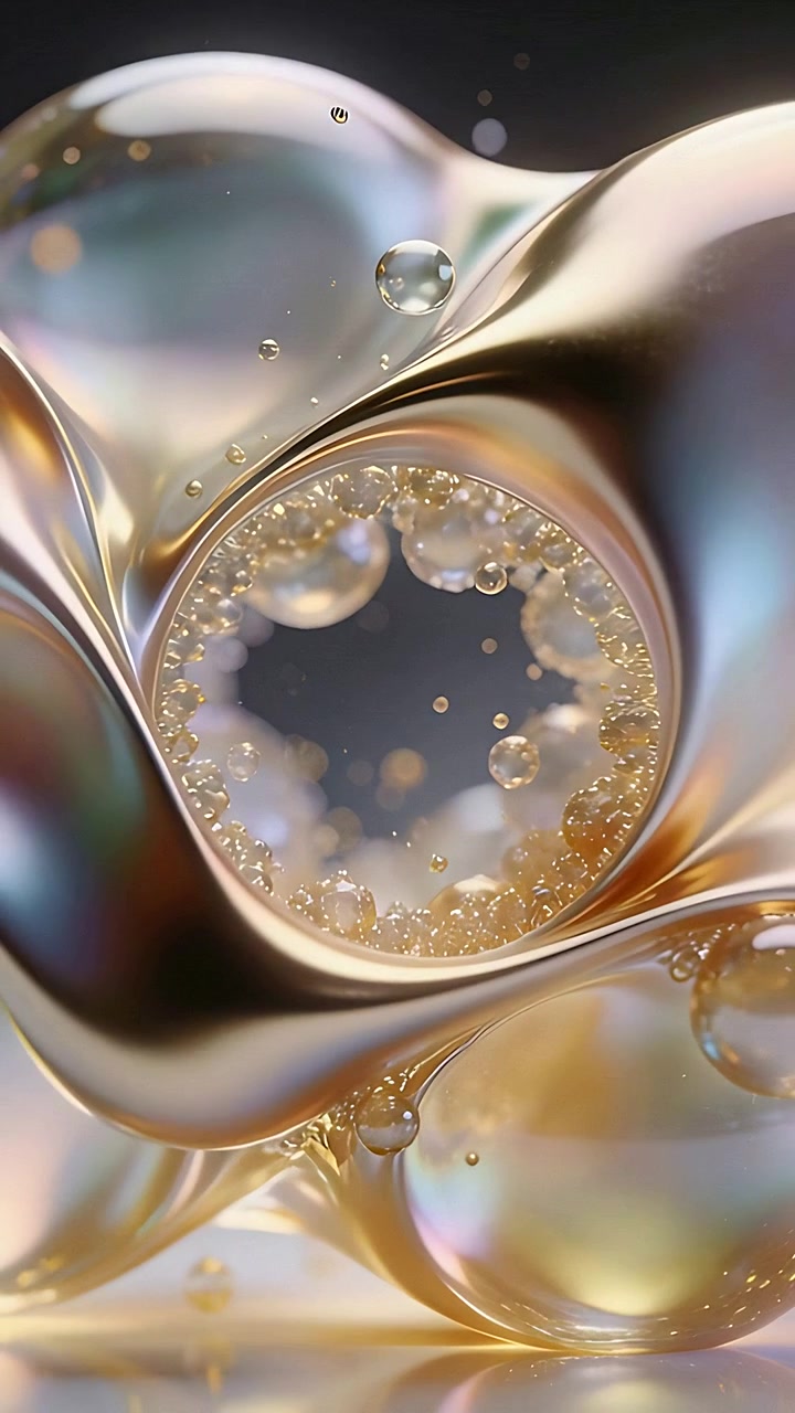 Video verticale: Luce cangiante che crea pellicole iridescenti che formano un anello centrale in studio con bolle.