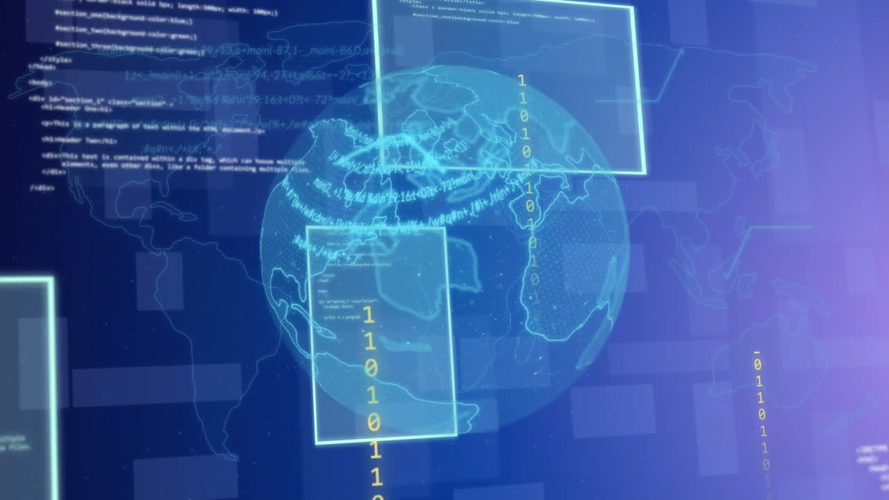Animation of binary coding and data processing over globe