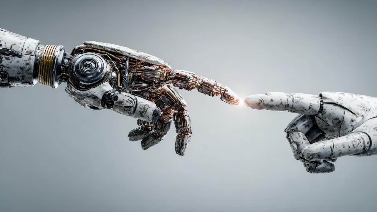 A Breathtaking Moment of Connection Between Humanity and Technology as a Robotic Hand Reaches Out to Touch a Human Hand, Signifying Endless Possibilities and Evolution