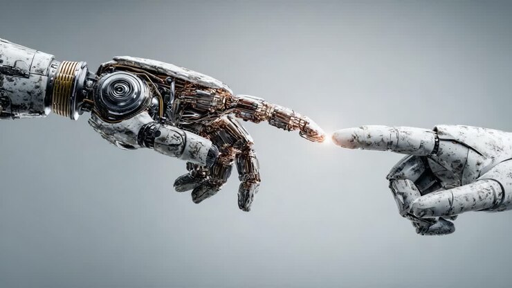 A Breathtaking Moment of Connection Between Humanity and Technology as a Robotic Hand Reaches Out to Touch a Human Hand, Signifying Endless Possibilities and Evolution
