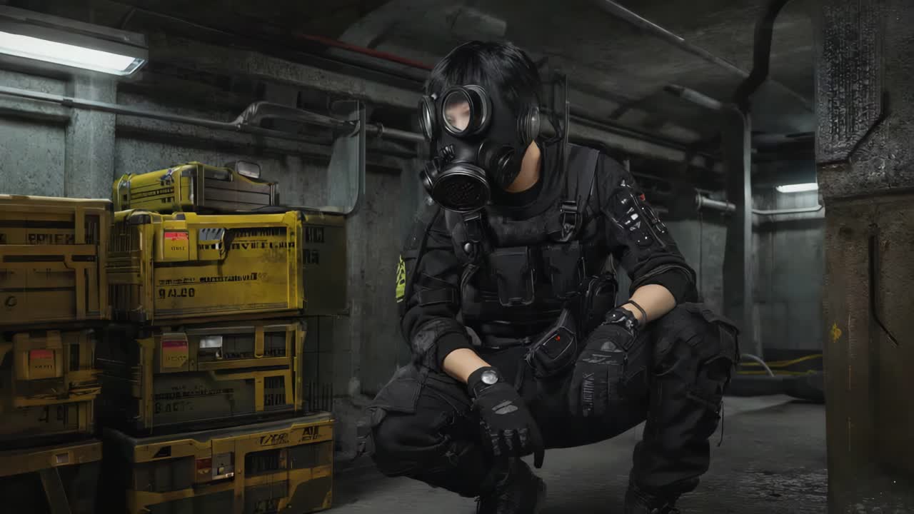 Person in Gas Mask Near Crates