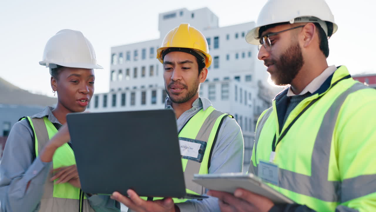 Construction Team Discussing Project on Laptop