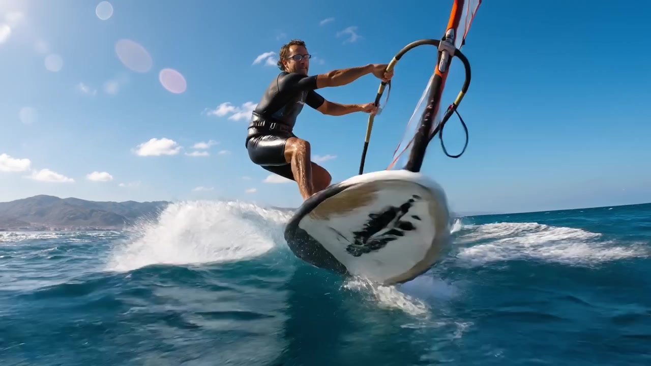 Man windsurfing across choppy blue ocean waters on a sunny day with distant mountains