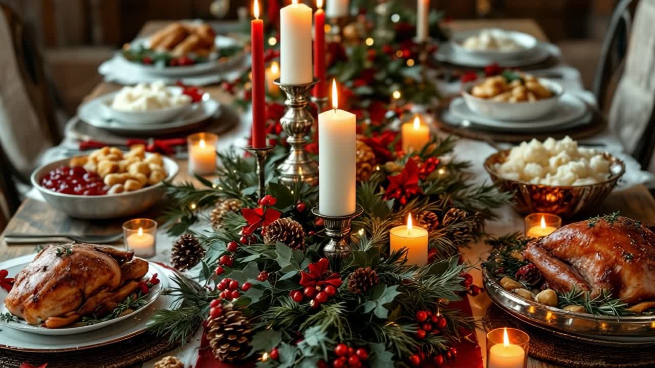Festive Christmas Dinner Table with Roasted Turkey and Holiday Decorations
