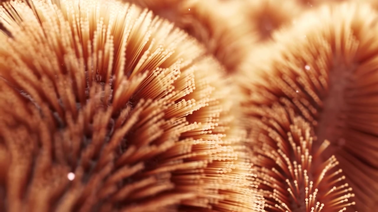 Primo piano di fitte fronde piumate che riempiono l'inquadratura con uno sfondo leggermente sfocato, luce calda e dorata e una profondità di campo ridotta che crea un effetto organico.
