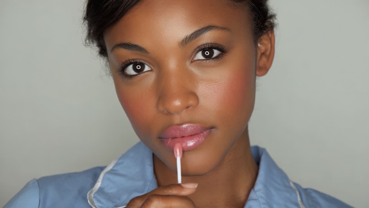 Captivating Close-Up of a Woman Applying Lip Gloss with Careful Attention, Showcasing Beauty and Elegance in a Subtle Makeup Moment