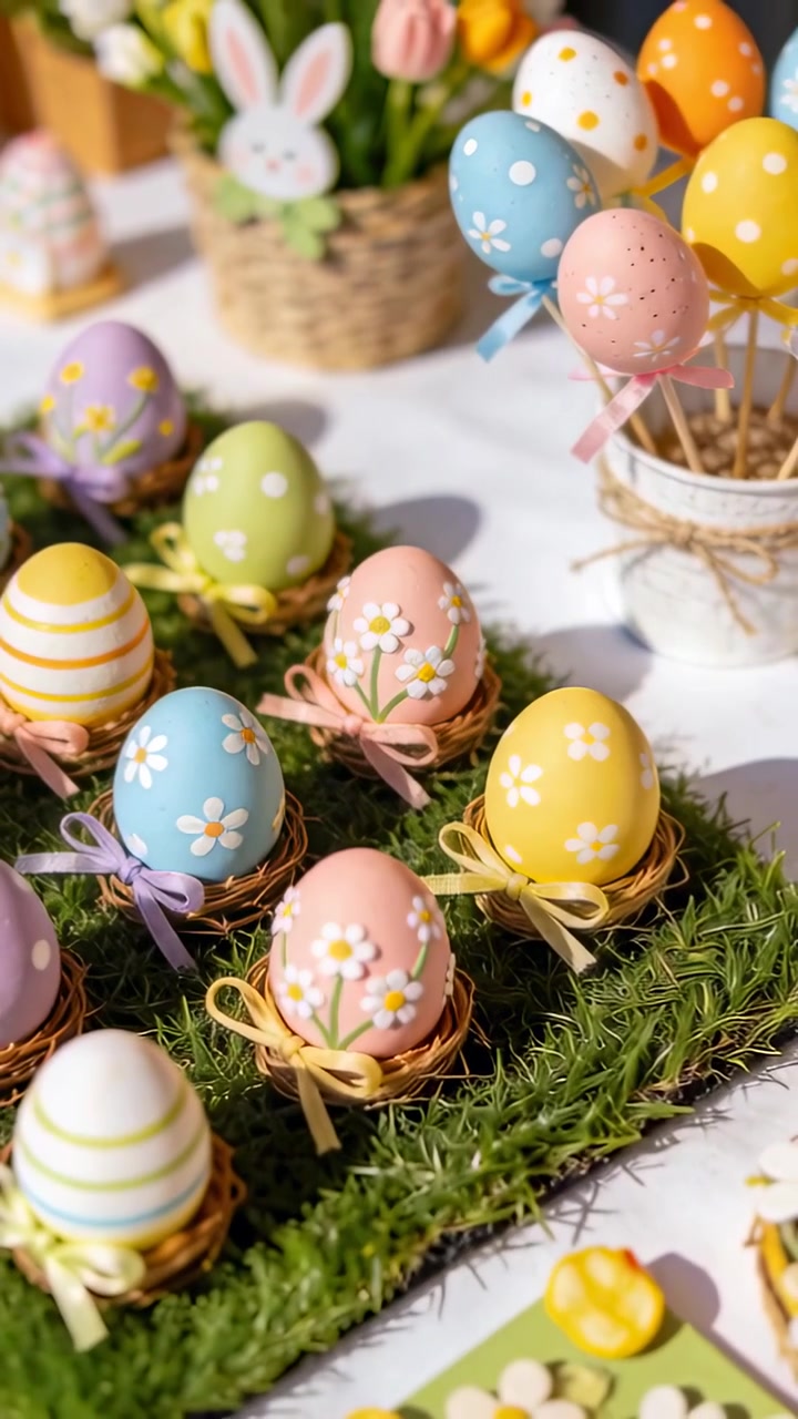 Vertical video: Panning camera revealing pastel eggs in nests on grass mat for Easter display