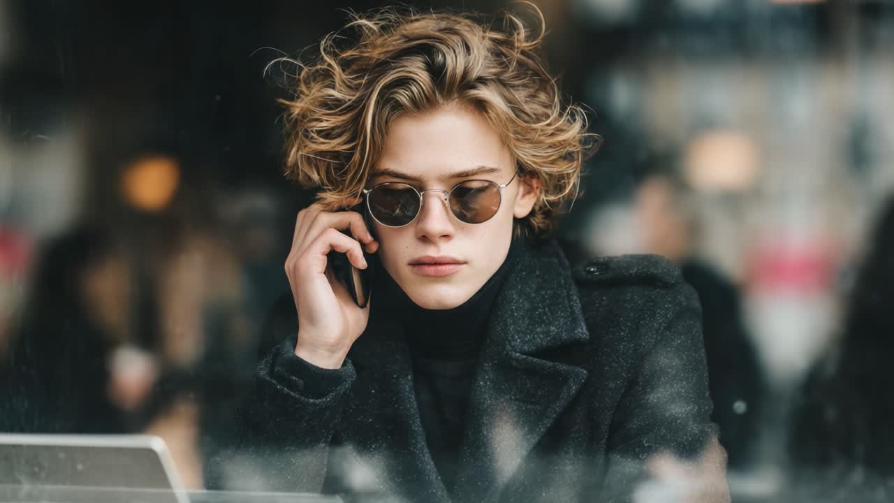 A Young Man with Stylish Hair and Sunglasses Engaged in a Phone Call While Seated at a Table in a Busy Cafe, Exuding Confidence and Modern Fashion Sense