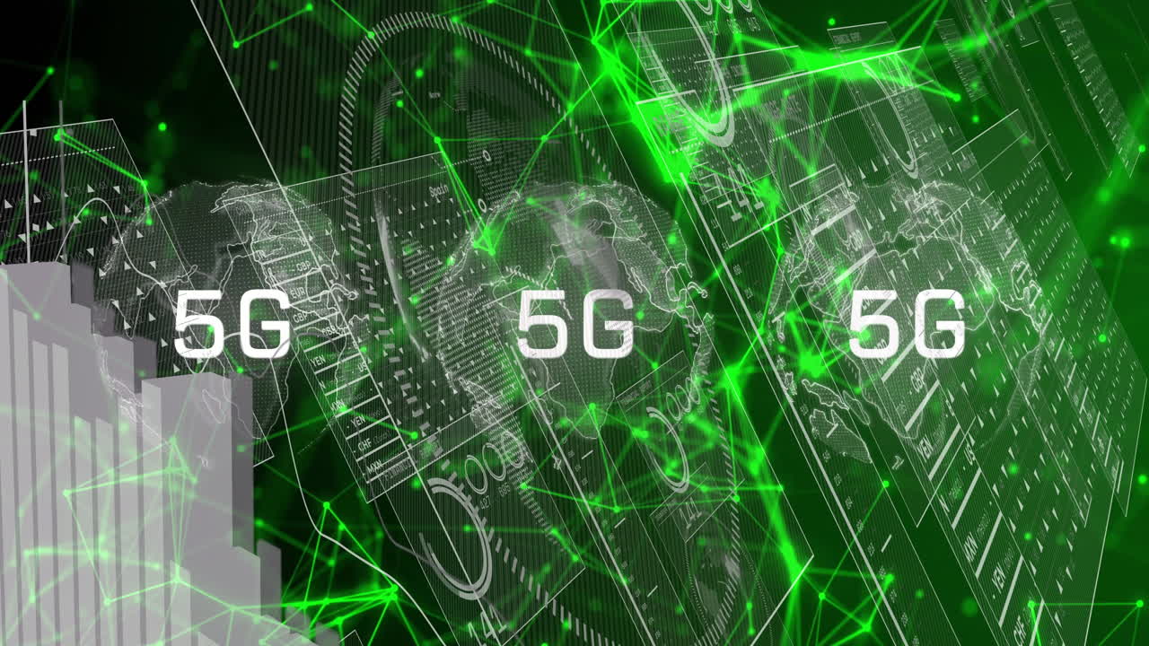 5G technology text over digital network and circuit board animation