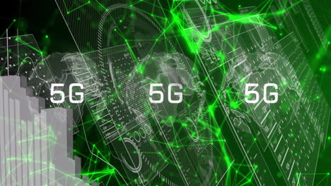 5G technology text over digital network and circuit board animation