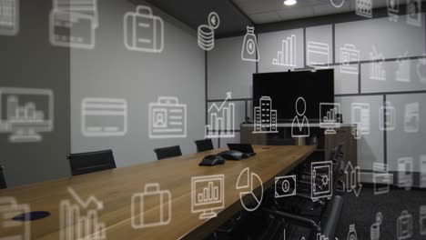 Animation-of-multiple-digital-icons-against-empty-conference-room-at-office