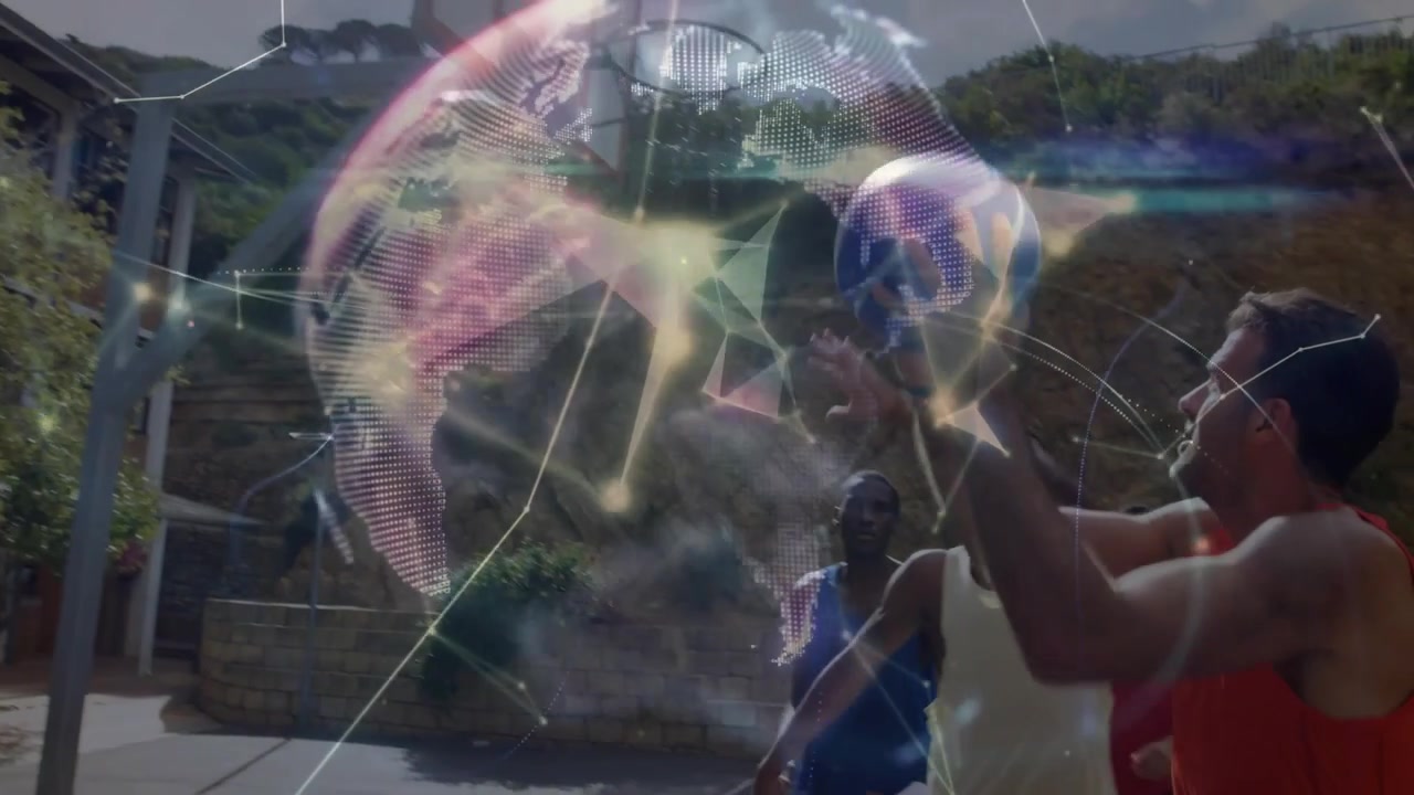 Six men passing on sports court, ball motion forming globe overlay, shooter aiming score at hoop