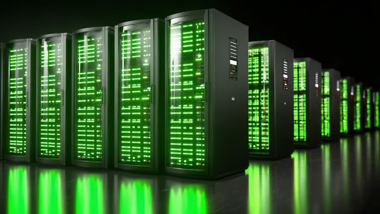 Illuminated Data Centers: A Captivating Display of High-Tech Server Racks with Brilliant Green Lighting, Showcasing Advanced Computing and Storage Technology