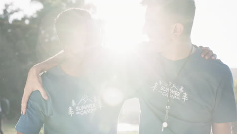 summer camp, men or excited friends outdoor