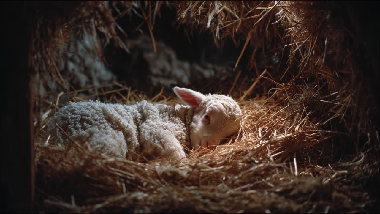 A Peaceful Lamb Resting Amidst Soft Straw in a Serene Barn Environment, Capturing the Essence of Tranquility and Natural Beauty in Farm Life