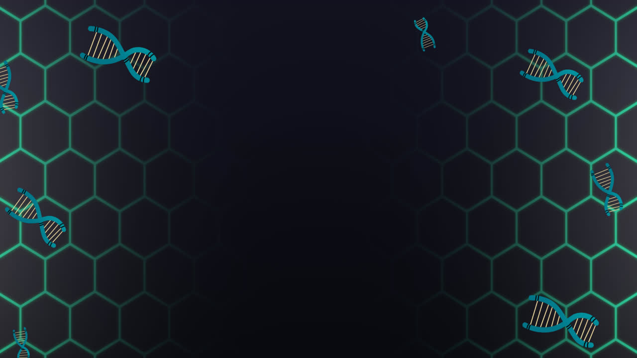 animación de cadenas de adn sobre hexágonos sobre un fondo negro
