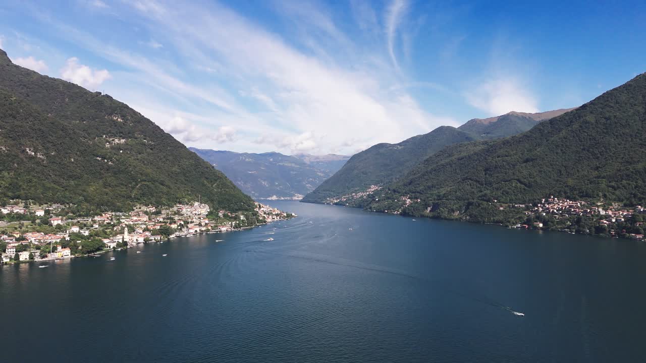 Fly over Lake Como south western part, Italy