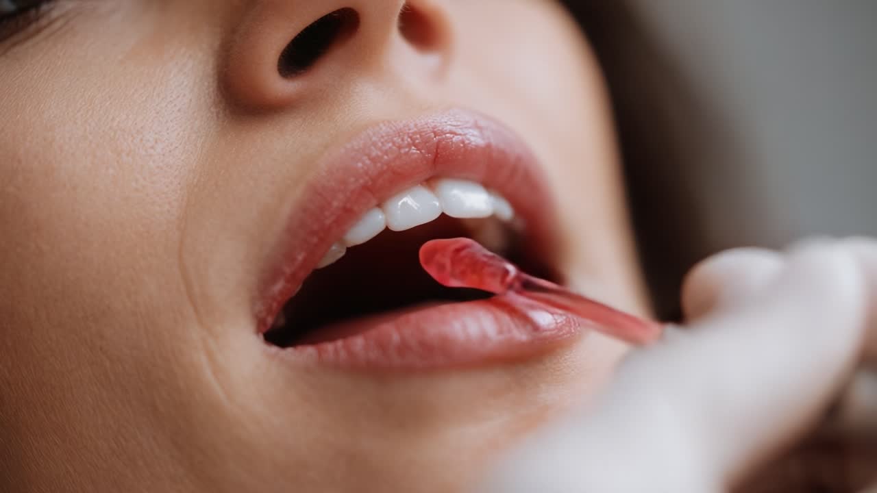 A Close-Up of a Woman's Mouth During a Lip Treatment Procedure, Featuring a Glossy Serum Applied with a Pipette for Hydration and Enhancement