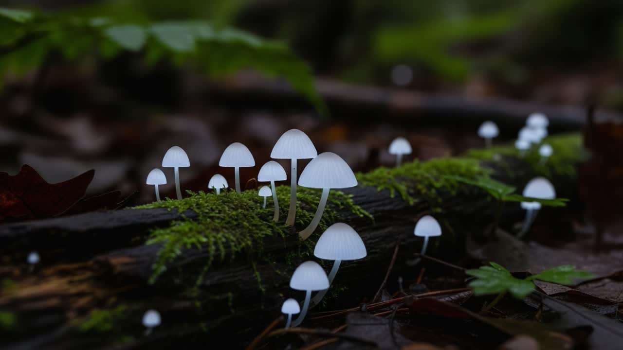 A Tranquil Forest Scene Featuring Glowing White Mushrooms Growing on a Mossy Log, Showcasing the Beauty of Nature and Fungi in Their Natural Habitat