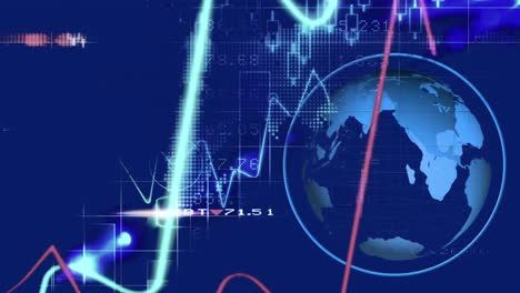 animation of globe spinning against statistics processing and financial data