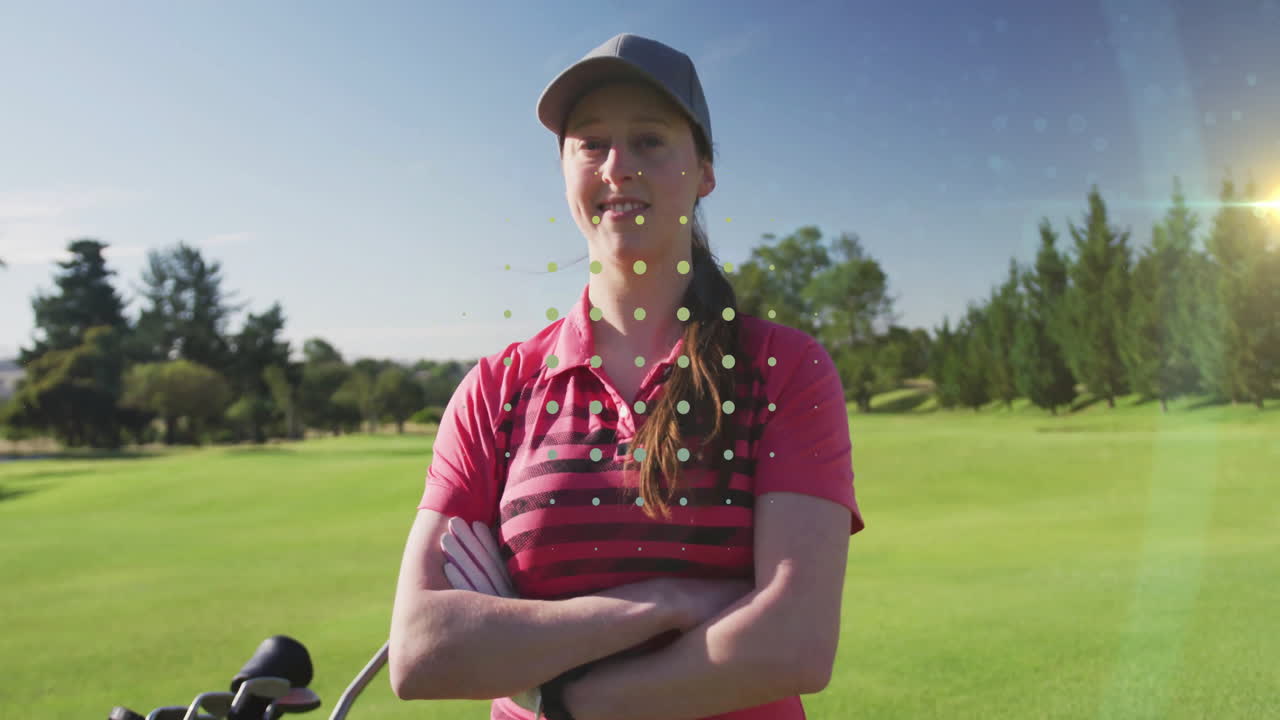 woman golfer crossing arms standing beside golf bag on fairway, displaying animated health charts
