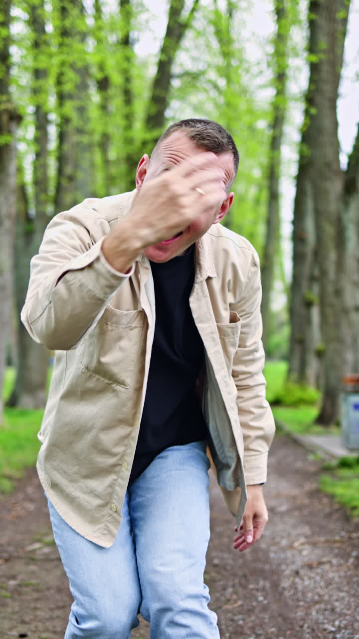 Uomo felice in giacca e occhiali che passeggia all'aperto in un parco verde, usando il telefono cellulare. Concetto di stile di vita urbano in primavera. Uomo che cammina sognante nel parco.