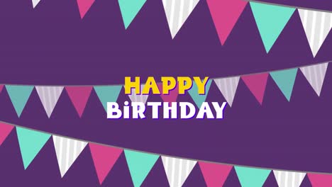 Animación-Digital-De-Texto-De-Feliz-Cumpleaños-Contra-Decoraciones-De-Banderas-De-Banderines-Sobre-Fondo-Púrpura