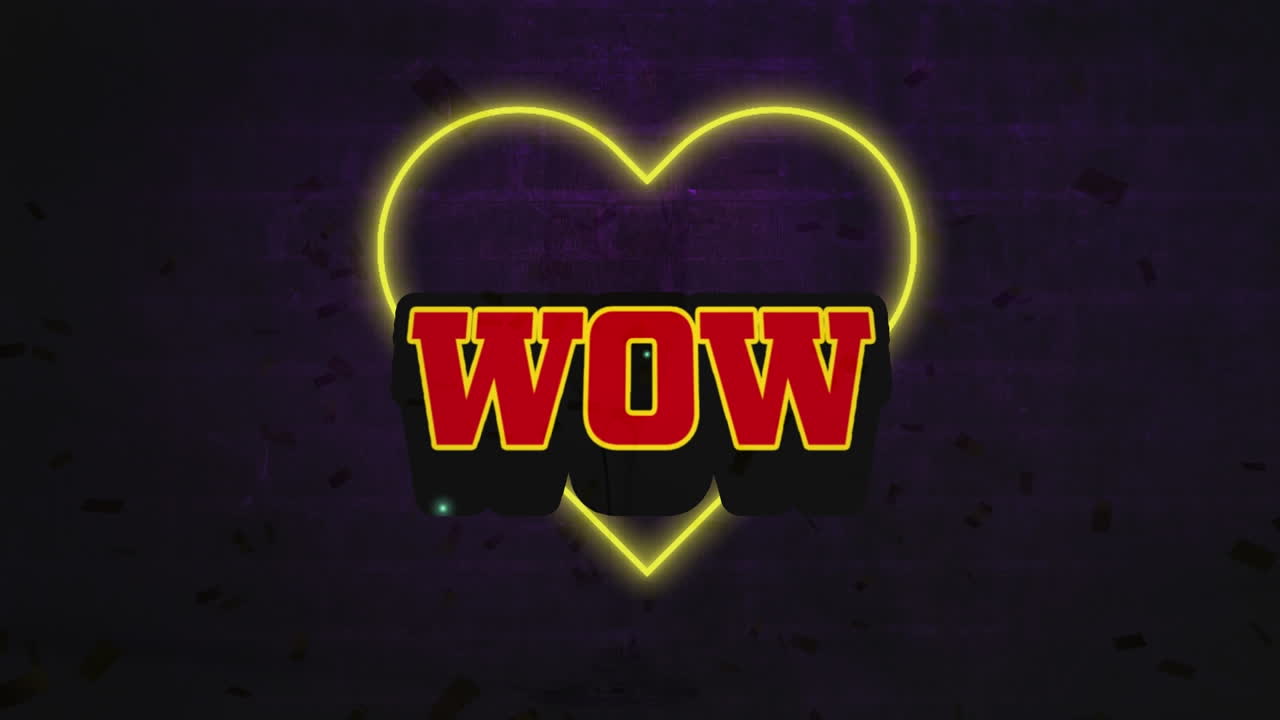 보라색 배경에 와우 텍스트와 함께 심장 아이콘의 애니메이션