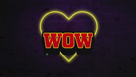 animatie van een hartpictogram met wow-tekst op paarse achtergrond
