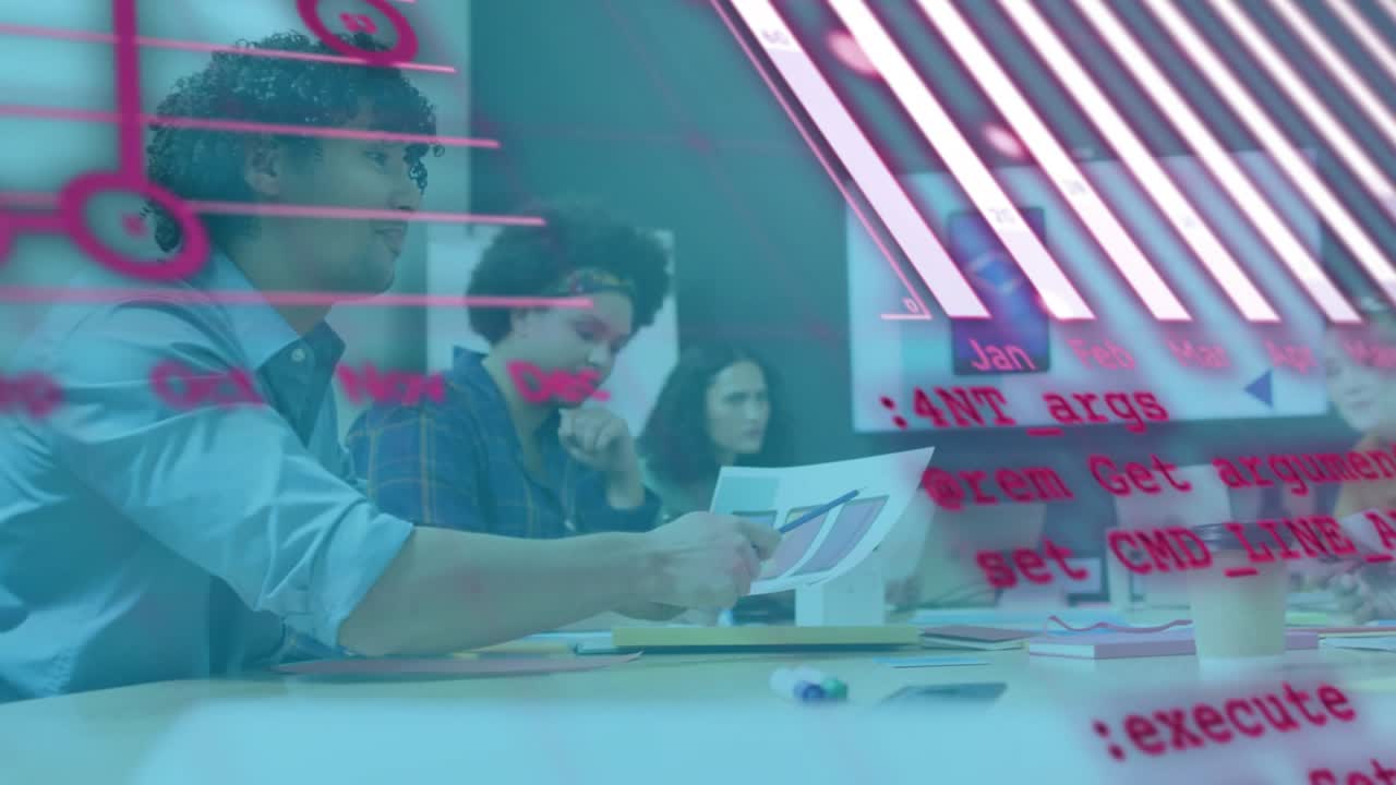Developer presenting color swatches pink code scrolling evolving charts guiding design review