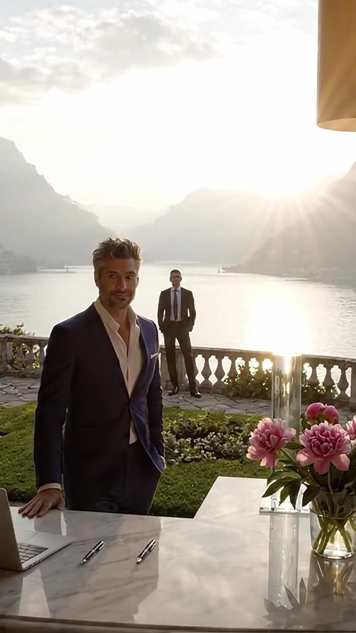 Eleganza e serenità: l'eleganza di un uomo contro un tramonto mozzafiato sul lago, catturando un momento di riflessione e stile in una cornice esterna squisita.