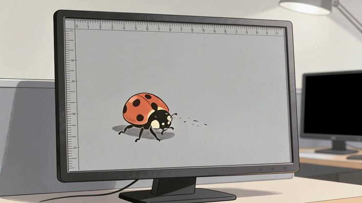 Animation playing ladybug walking across monitor with rulers and dotted trail to center, copy space