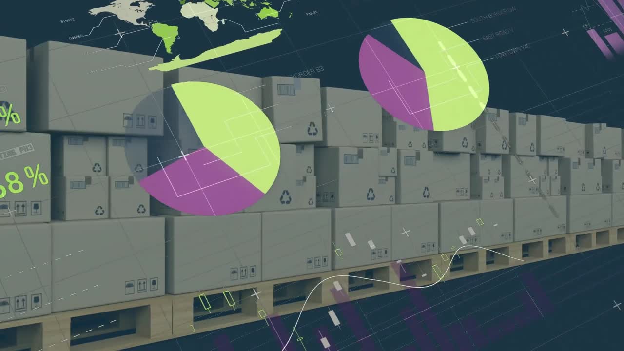 창고에서 컨베이어 벨트에 있는 카드보드 상자 위에서 통계와 데이터 처리의 애니메이션