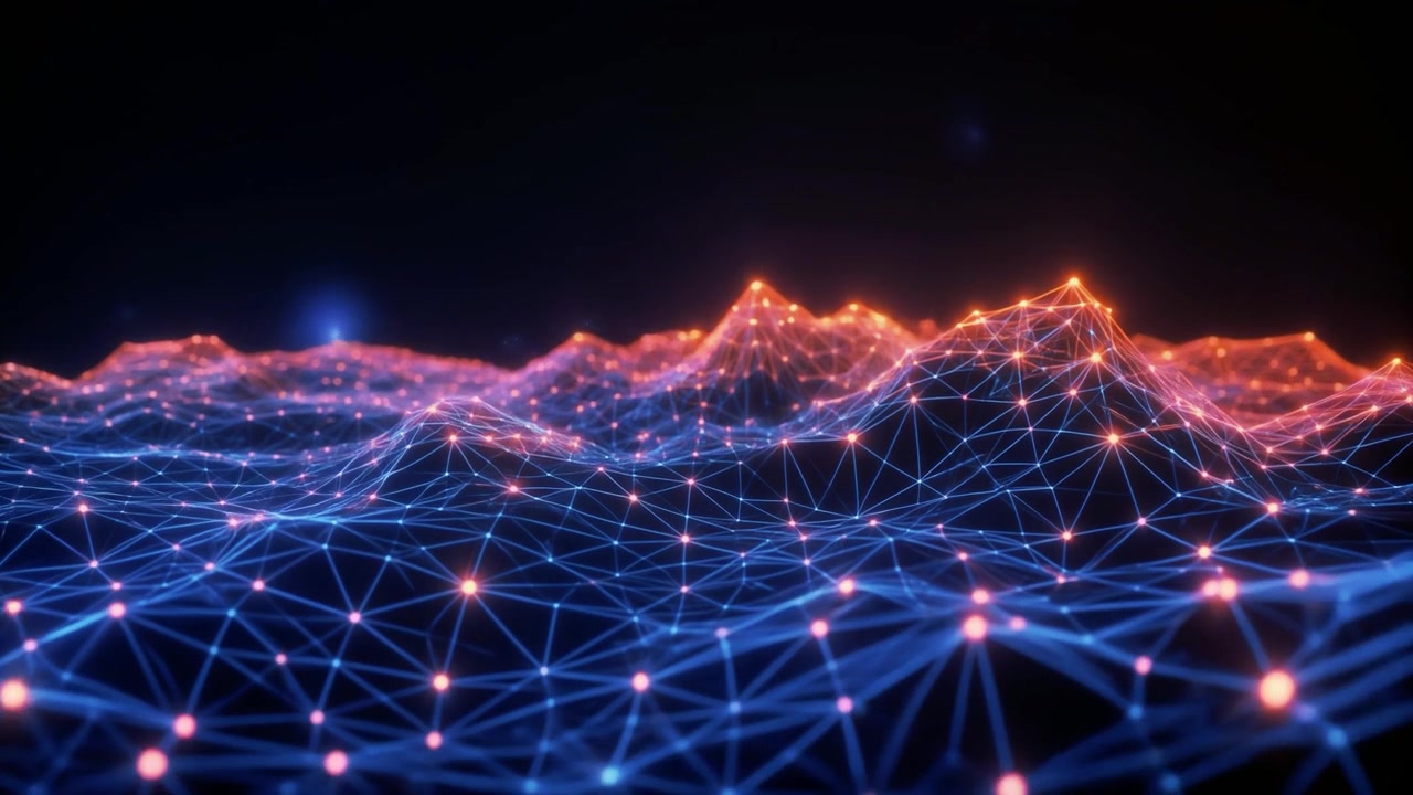 Abstract Digital Landscape with Glowing Network Nodes and Connections