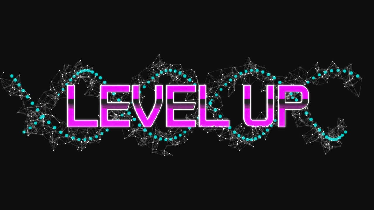 Animation of level up text over spinning green network of connections