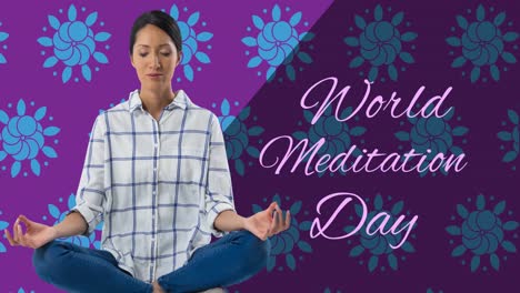 animation of world meditation day text with biracial woman meditating on purple background