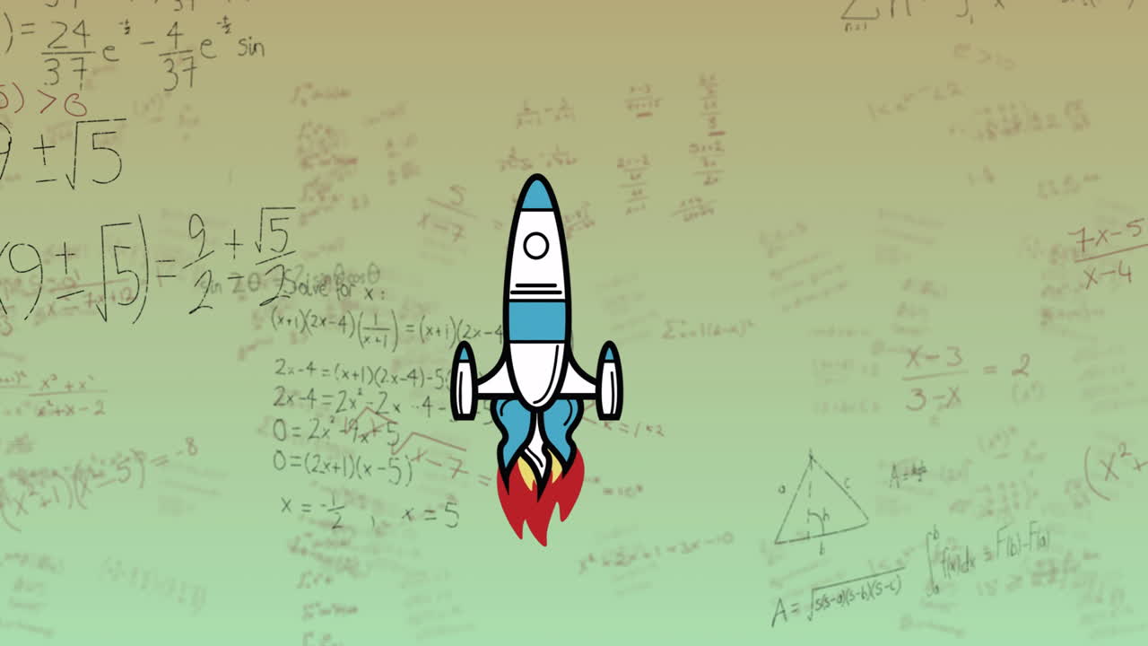 Rocket launching animation with complex mathematical equations in background