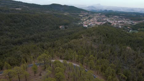 peaceful drone shot of forested mountain with village and blue sky in background, dolly shot, teide national park spain