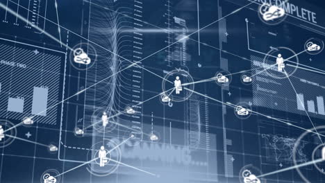 animation of network of connections with digital icons and data processing