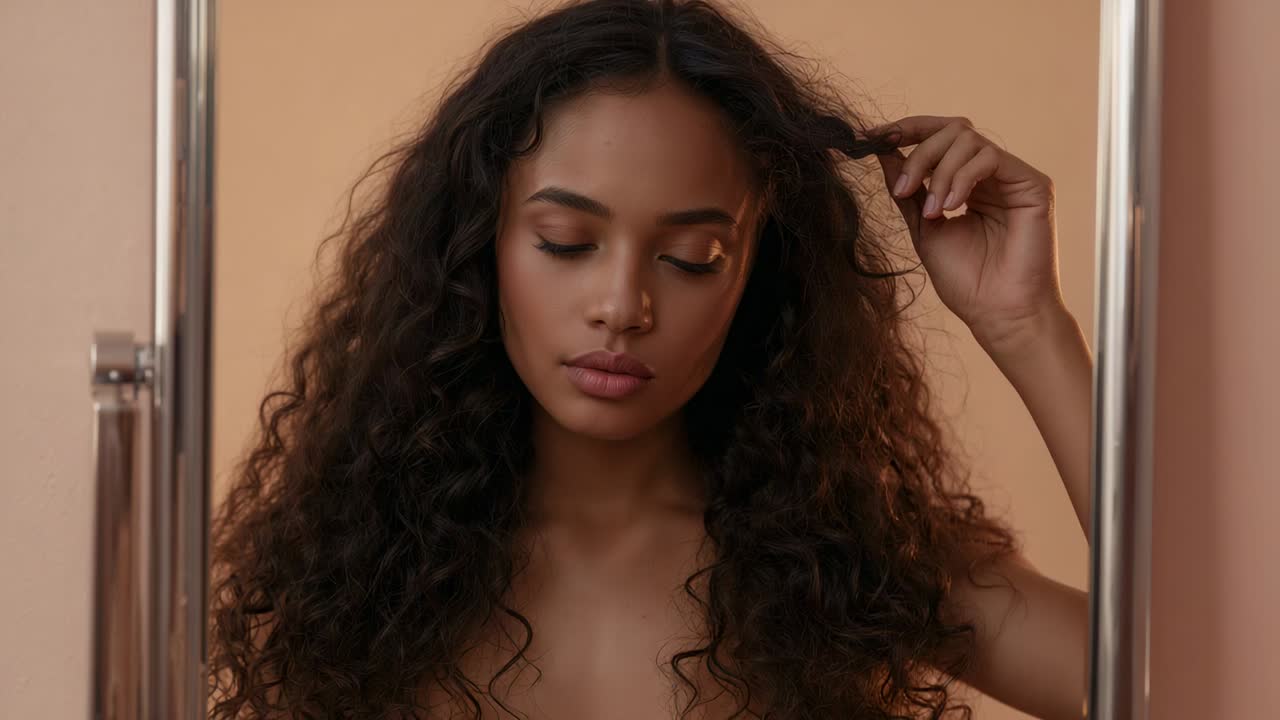 Câmera iniciando, mulher levantando o olhar e girando o cabelo com ombros nus e trilhos cromados, posando